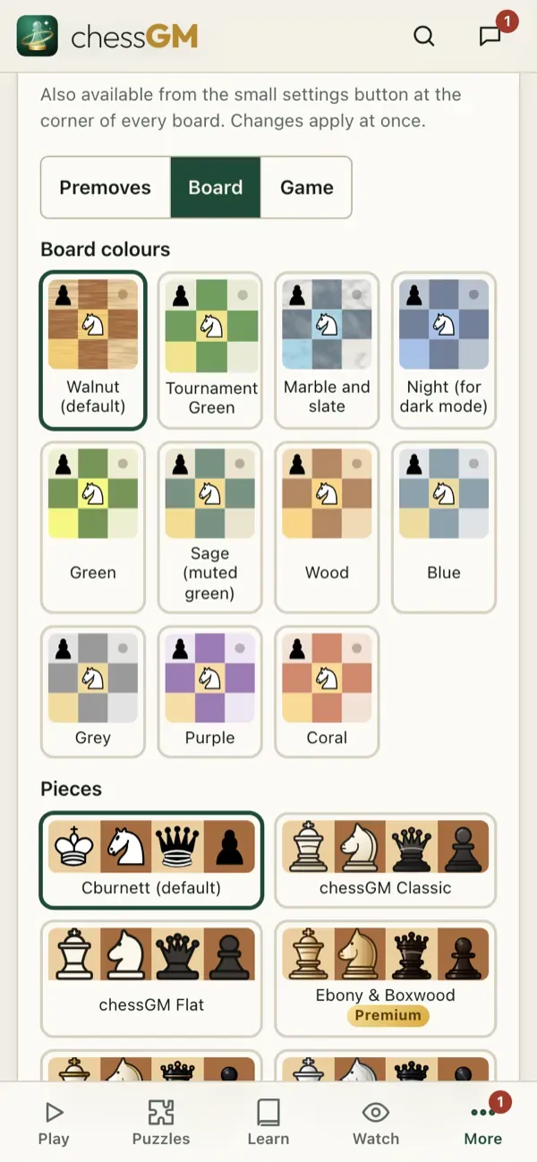 Board and pieces settings