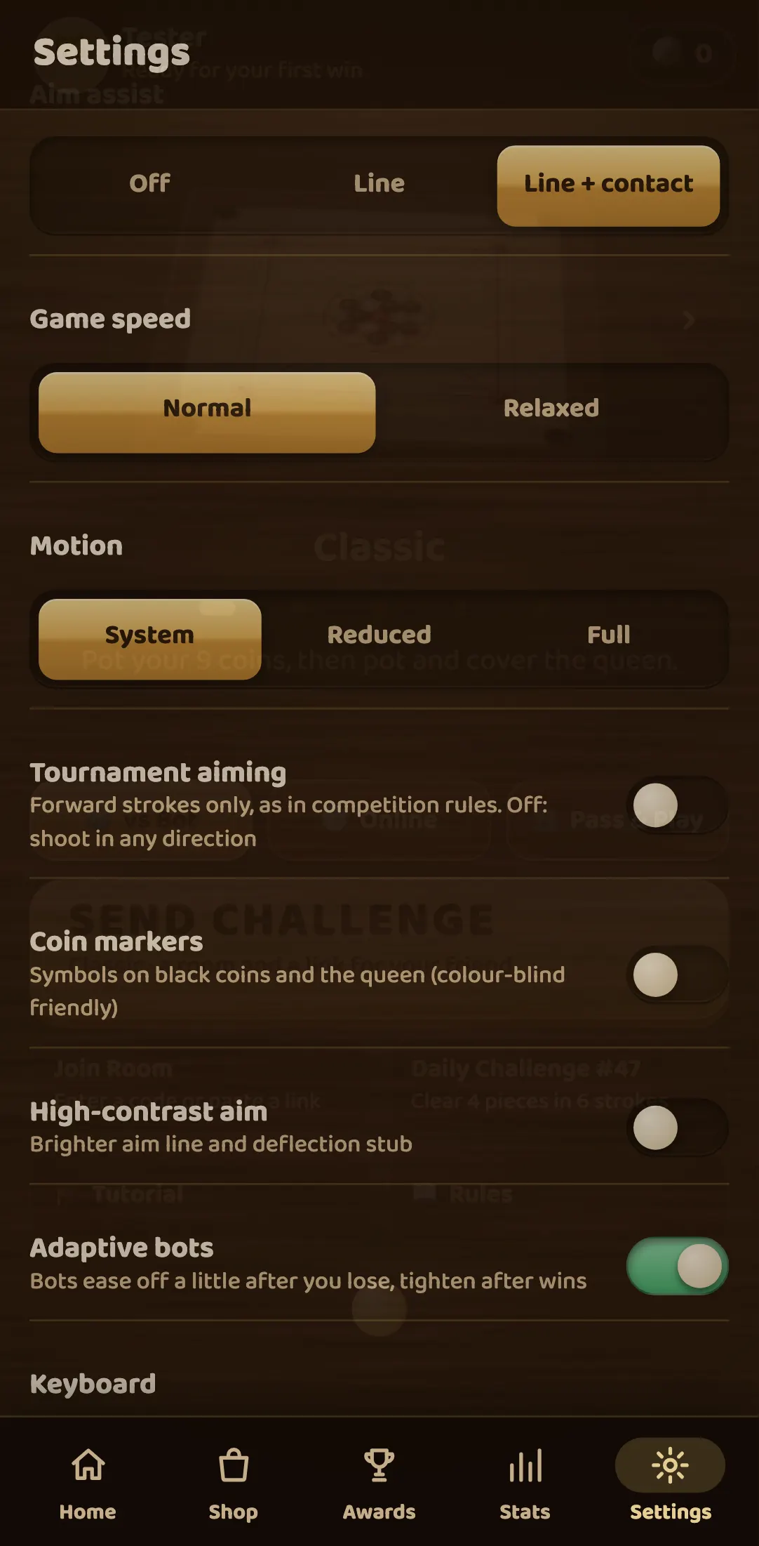 The Carrom settings screen with the Tournament aiming switch, described as “Forward strokes only, as in competition rules. Off: shoot in any direction”.