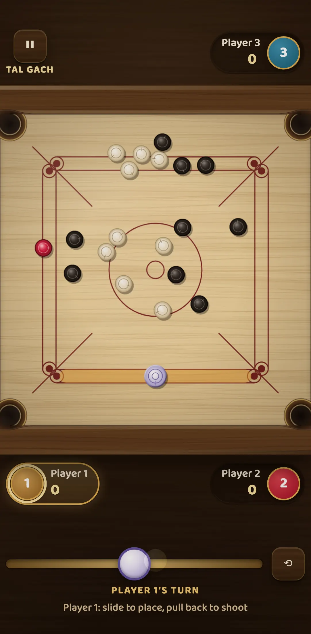 A three-player Tal Gach game after the tower has been broken, with Player 1, Player 2 and Player 3 each keeping their own score.