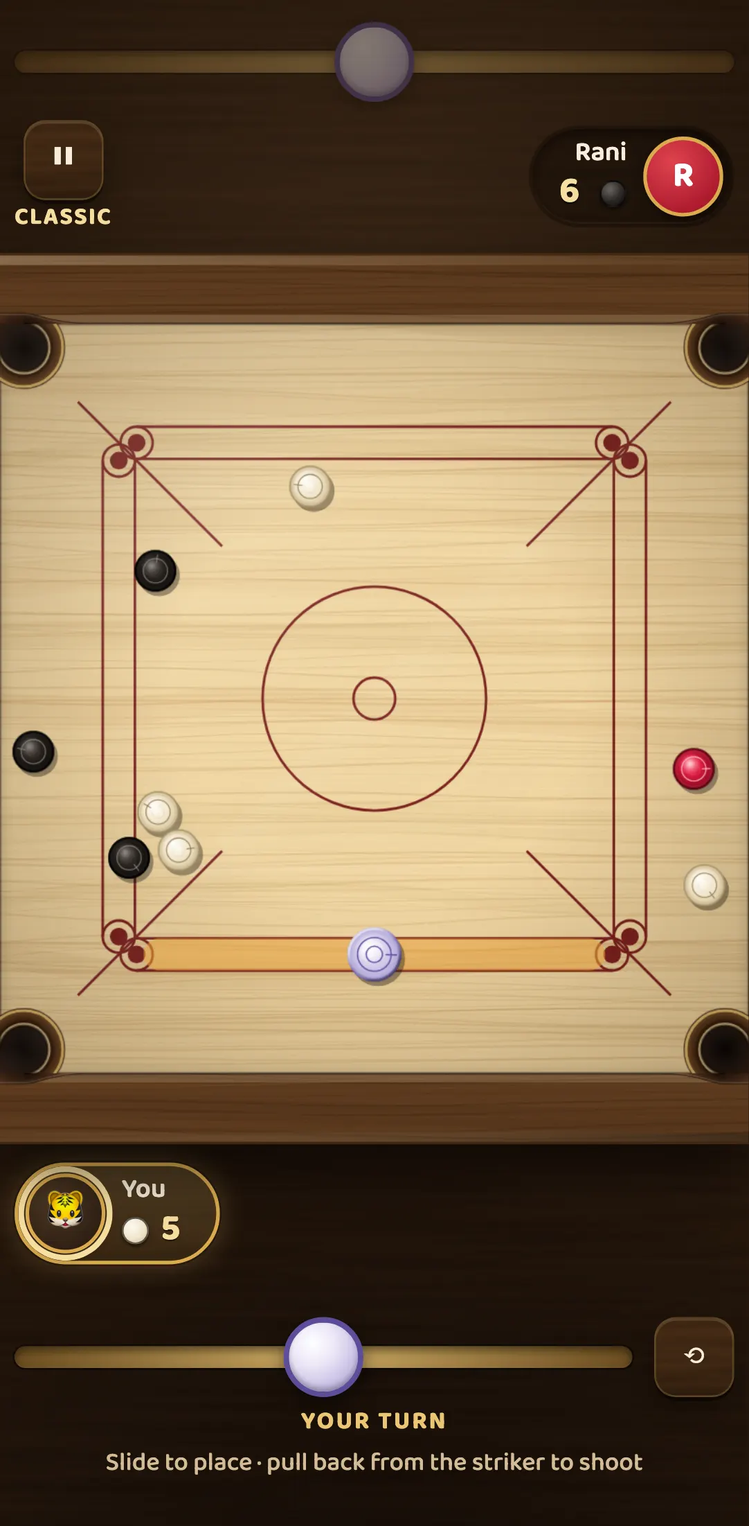 A Classic board in the middle of a match against Rani, the aggressive bot, with coins spread near the pockets and the player’s striker on the baseline.